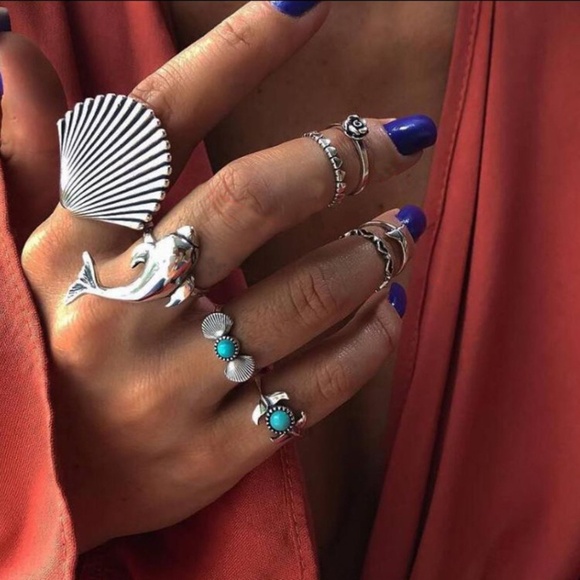**DEASIA* 8-Pc Silver x Blue Shell Fashion Ring Set - Picture 1 of 7